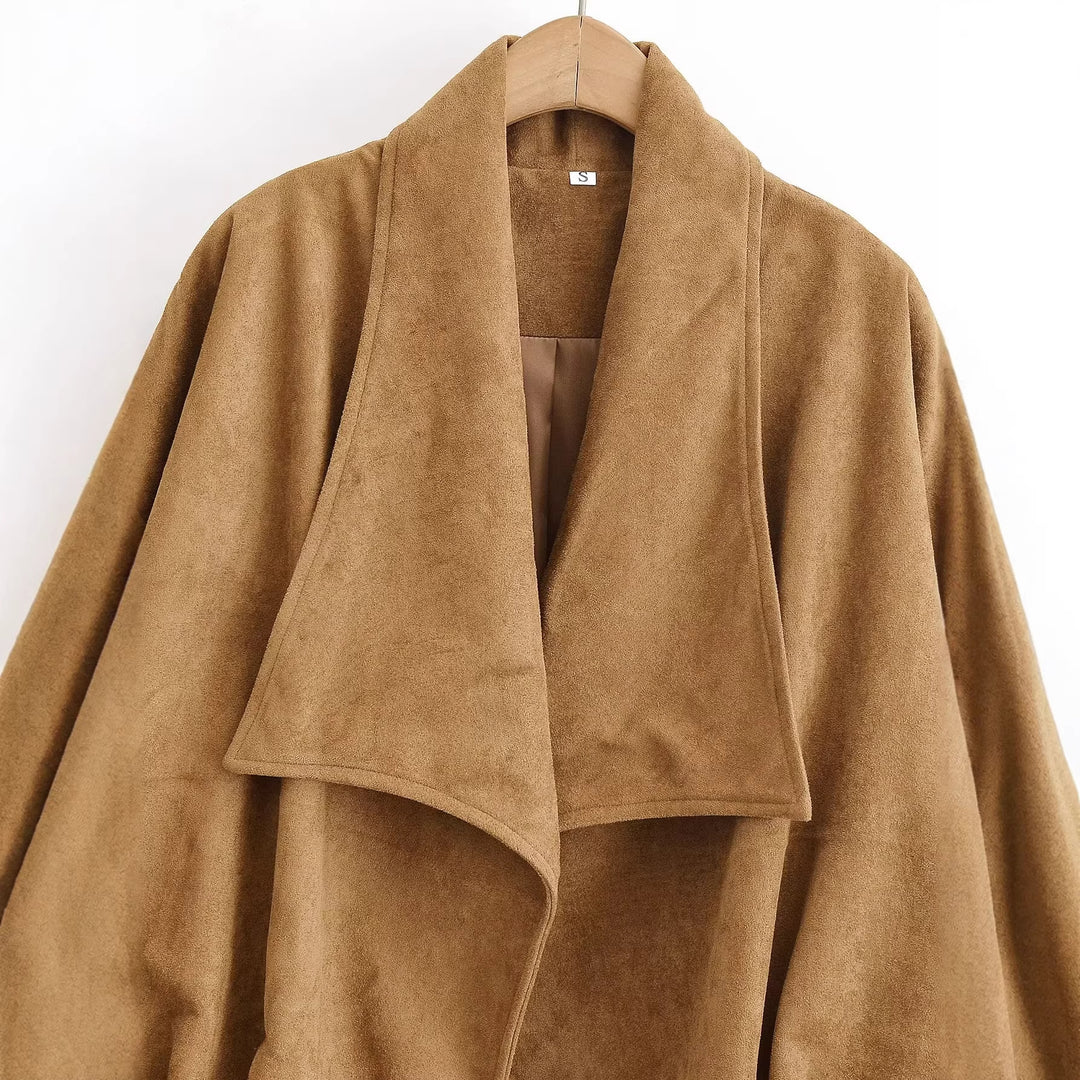 Women's short jacket in suede look with waterfall collar and ballooned hem Amarae
