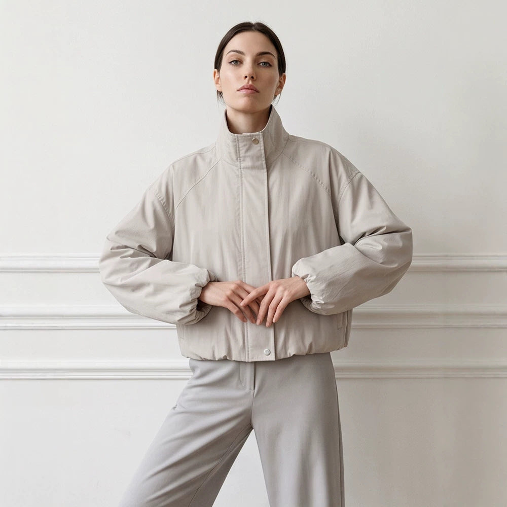 Women's Short Cut Stand Collar Bomber Jacket with Elastic Hem and Raglan Sleeves Amarae