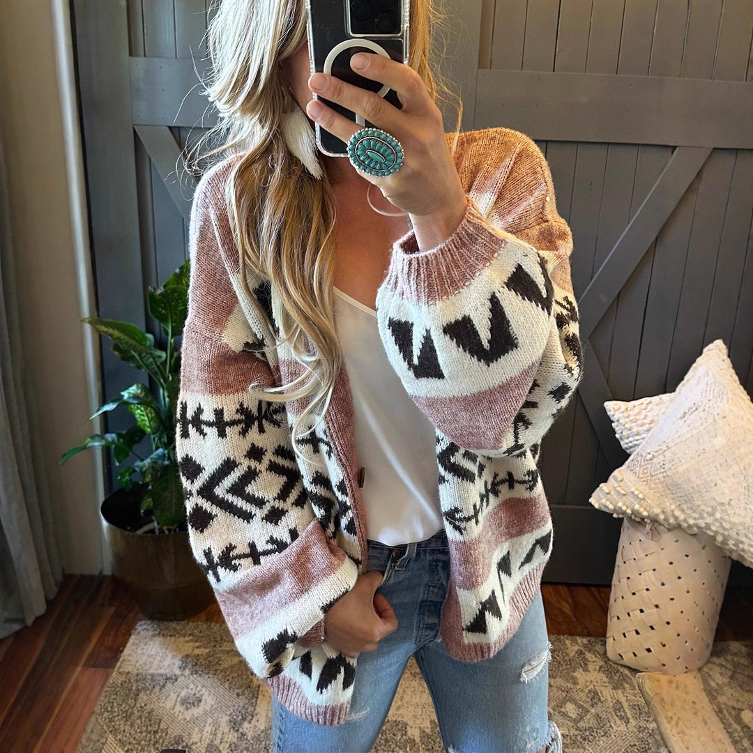 Comfortable knitted jacket for women with decorative ethnic pattern and open cut Lune London