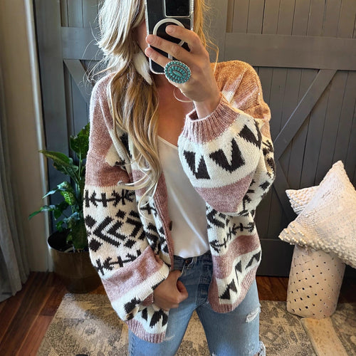 Comfortable knitted jacket for women with decorative ethnic pattern and open cut Amarae