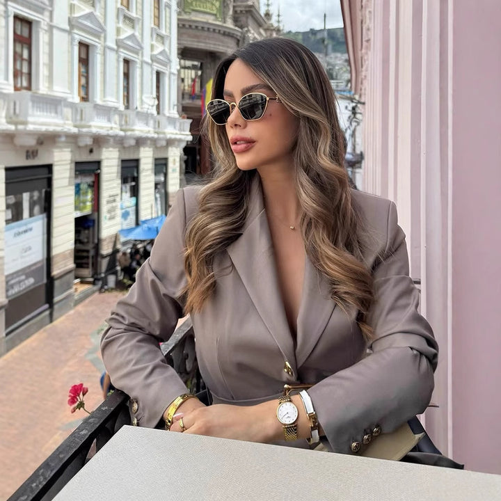 Women's tailored blazer with wide tie belt and gold-colored hardware Amarae