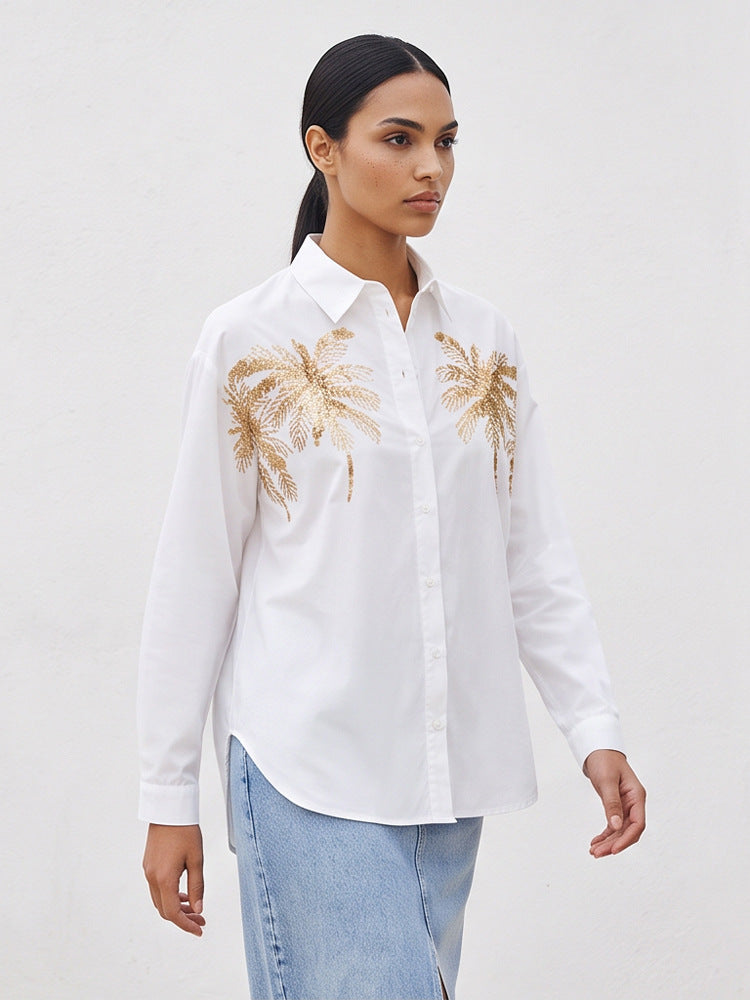 Women's shirt blouse with sequin palm appliqué, oversized cut & classic collar Amarae