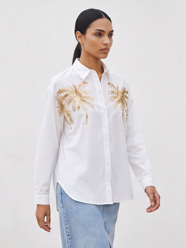 Women's shirt blouse with sequin palm appliqué, oversized cut & classic collar Amarae