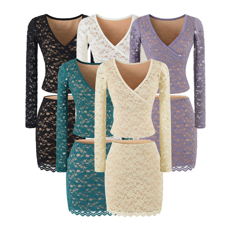 Women's Figure-hugging Lace Top with Wrap V-neck and Long Sleeves Amarae