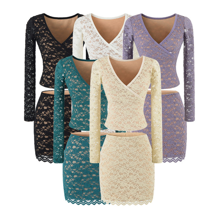 Women's Figure-hugging Lace Top with Wrap V-neck and Long Sleeves Amarae