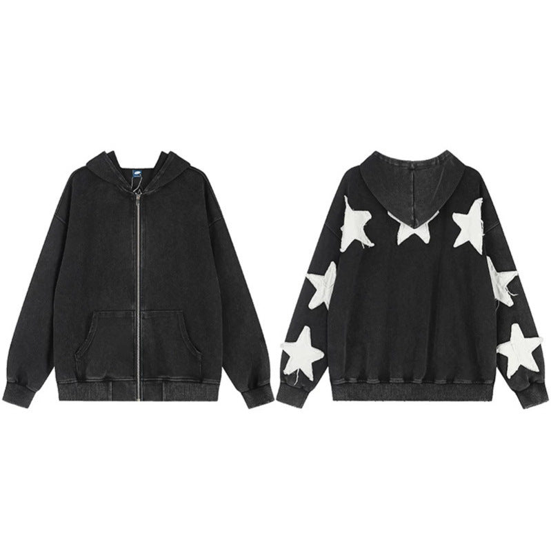 Women Oversize Hoodie Sweatshirt with Star Appliqués and Vintage Wash Amarae