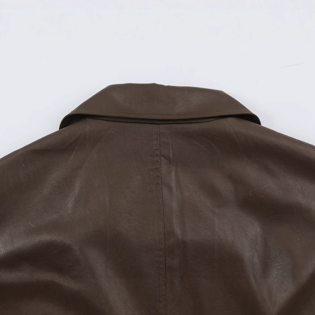 Women Tailored Leather Look Jacket with Asymmetrical Button Placket and Ties Belt Amarae