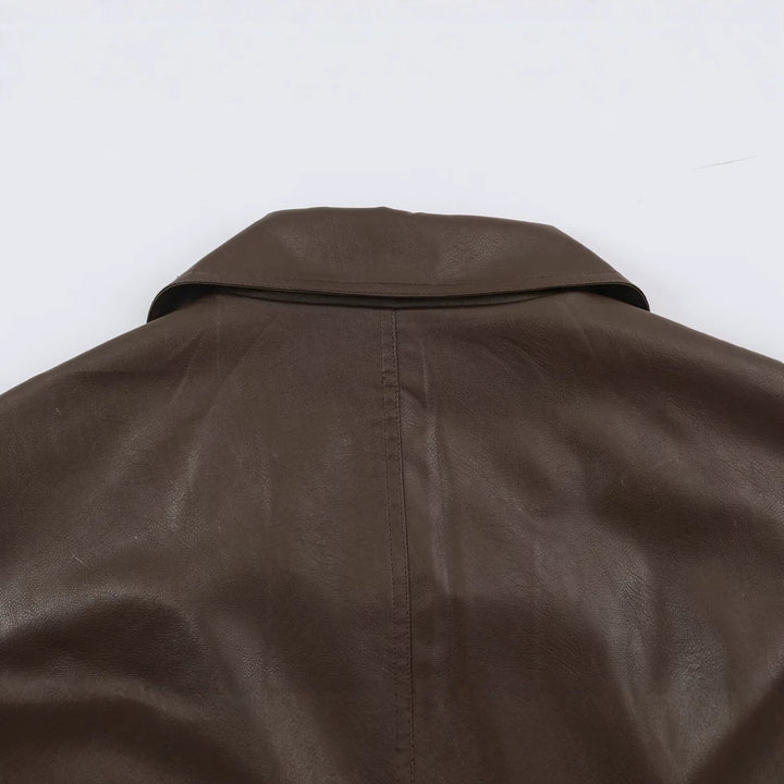 Women Tailored Leather Look Jacket with Asymmetrical Button Placket and Ties Belt Amarae
