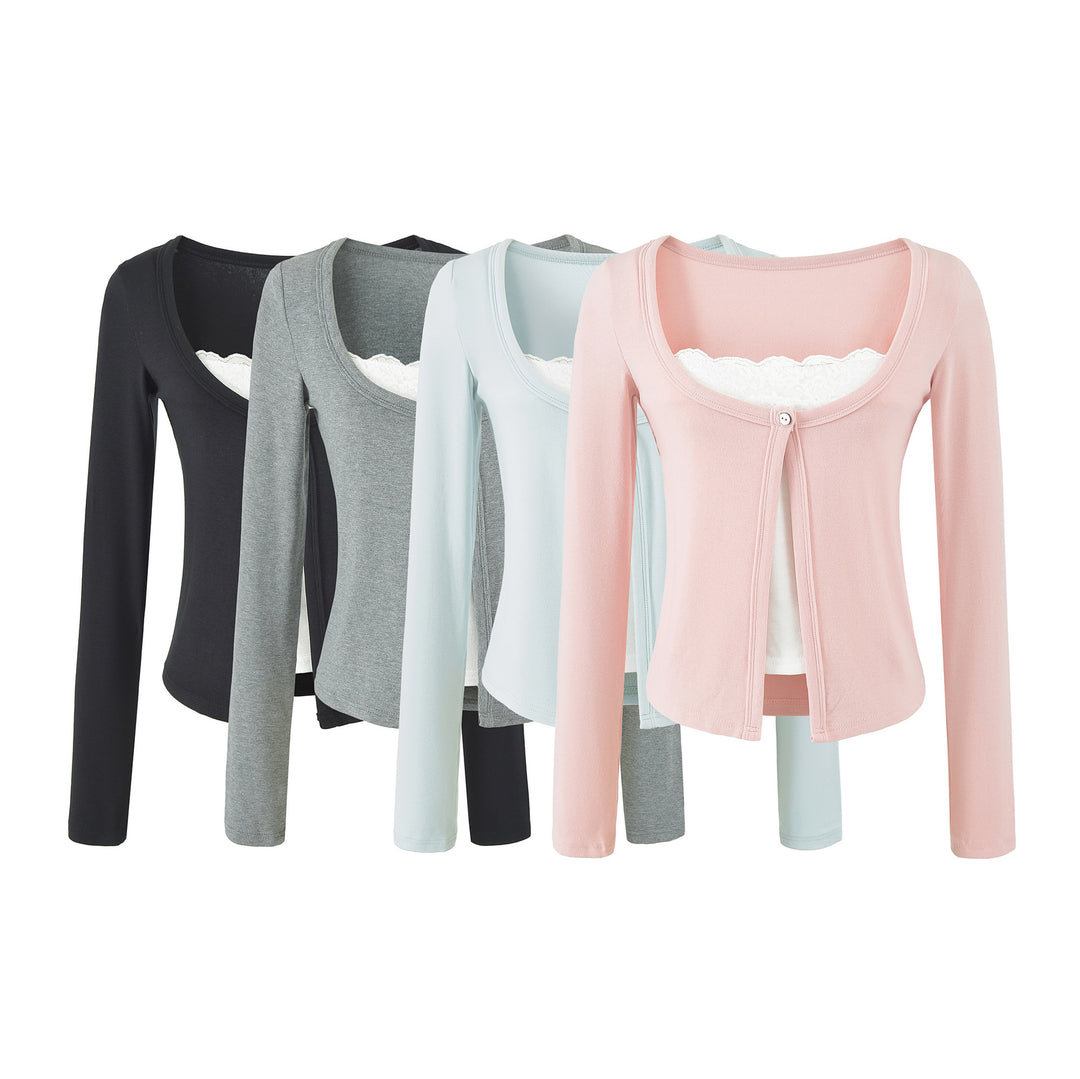 Women's layered cardigan with integrated lace cami and single-button closure Amarae