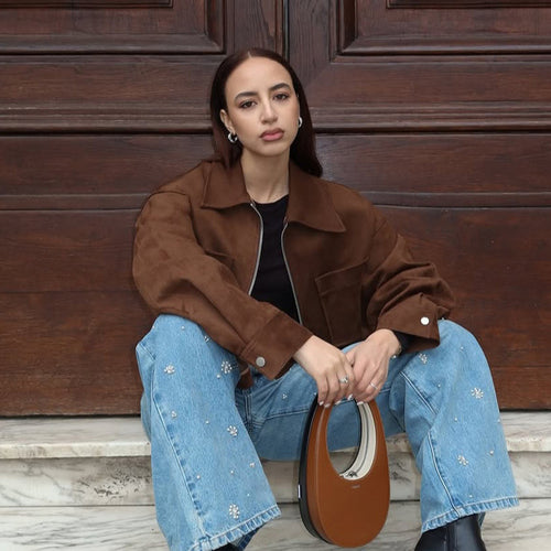 Ladies Short Suede Look Jacket with Zipper and Oversized Sleeves Amarae