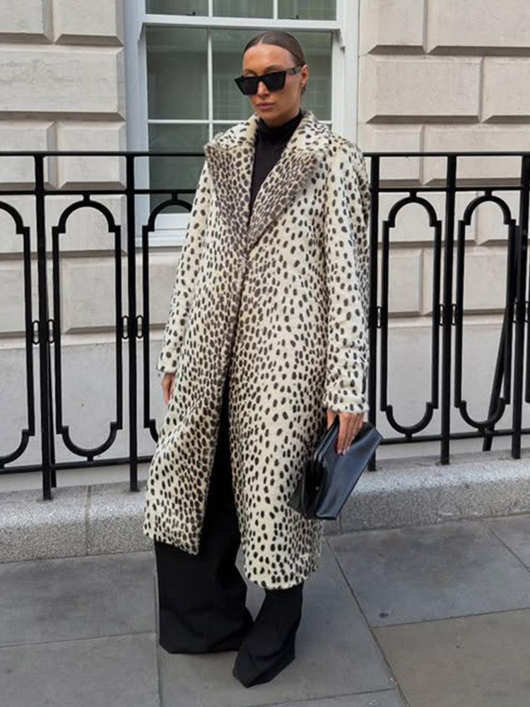 Women Mid-length Faux Fur Coat with Distinctive Spot Pattern and Lapel Collar Amarae