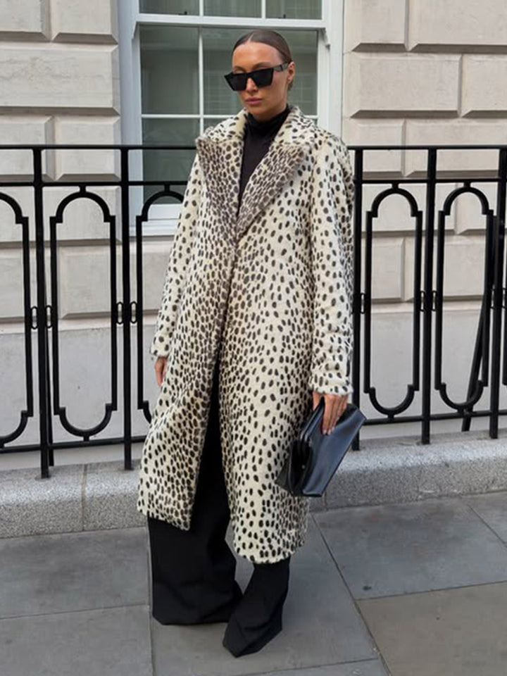 Women Mid-length Faux Fur Coat with Distinctive Spot Pattern and Lapel Collar Amarae