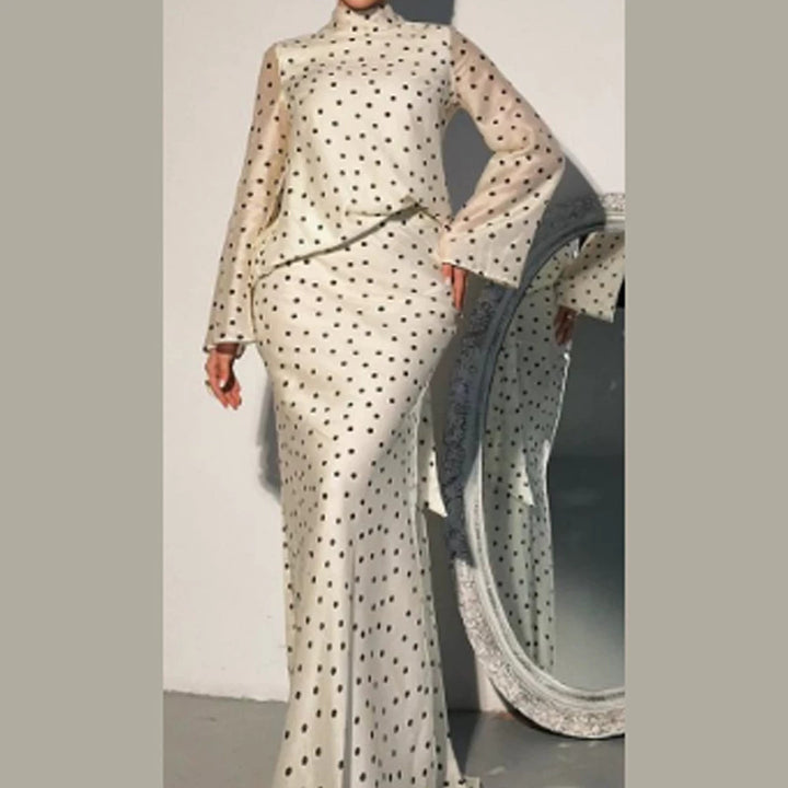 Women's maxi dress with waist-accentuating mermaid silhouette and polka dot print Amarae