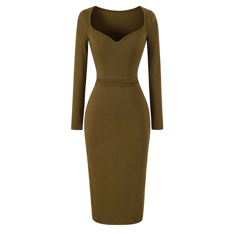Ladies fitted midi dress with heart-shaped neckline and long sleeves Amarae