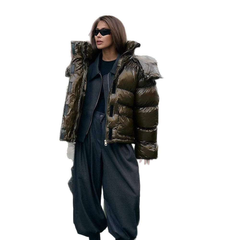 Women's padded short jacket with high-gloss finish, oversized cut, and hood Amarae