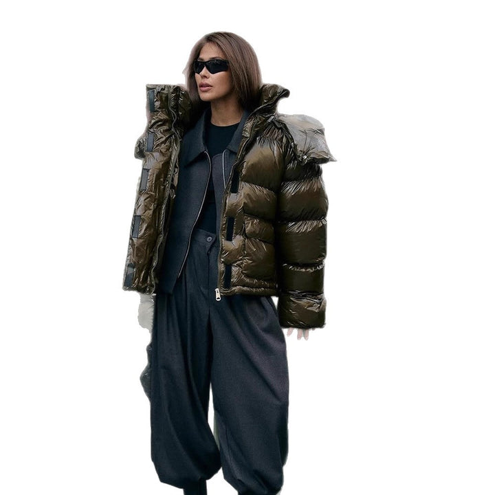 Women's padded short jacket with high-gloss finish, oversized cut, and hood Amarae