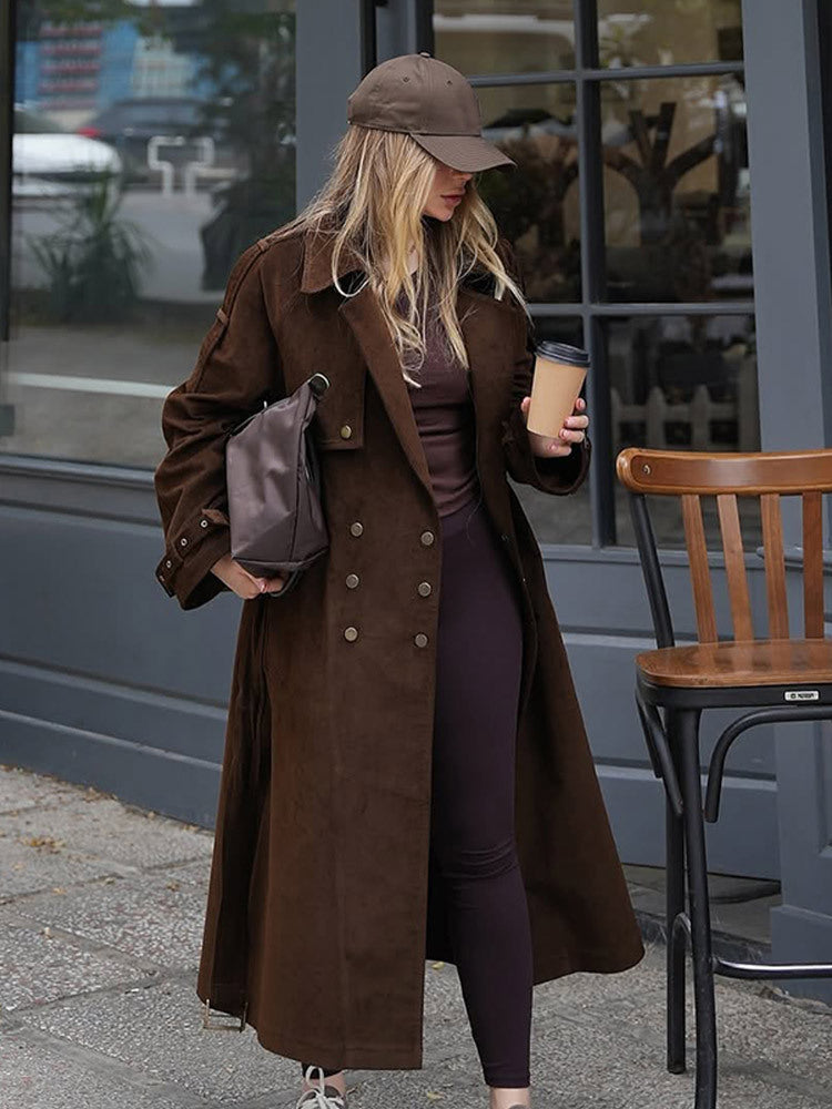 Women's Maxi Length Trench Coat in Velour Look with Double-Breasted Button Placket and Oversized Cut Amarae