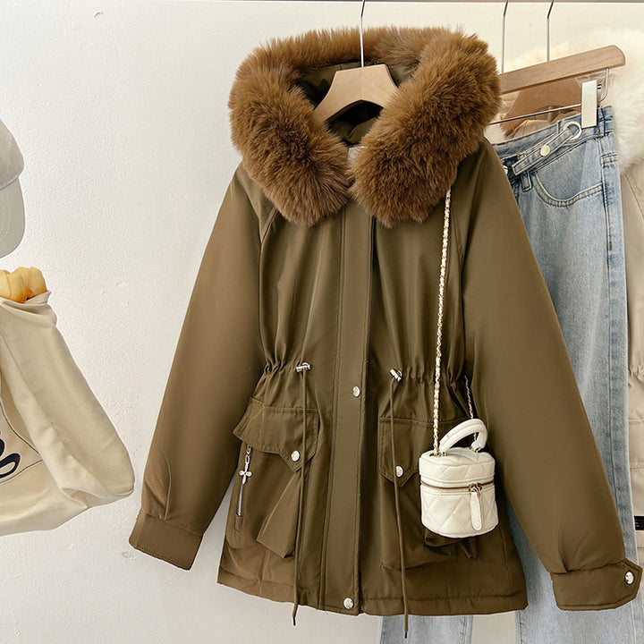 Multifunctional winter jacket for women with removable faux fur collar and adjustable waist drawstring Lune London