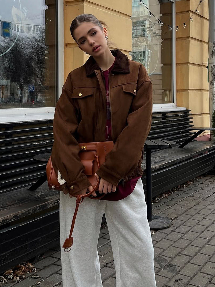 Women's Boxy Suede Blouson Jacket with Cord Collar and Teddy Lining Amarae
