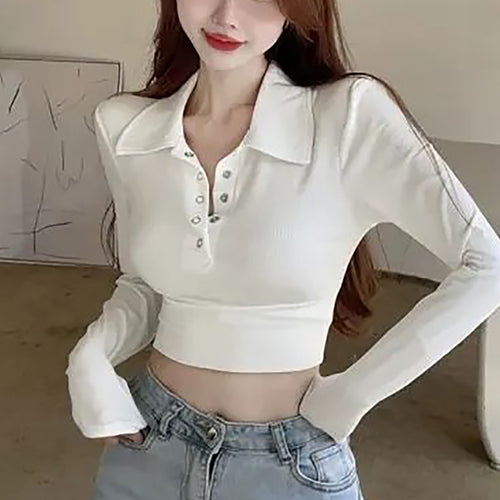 Women's Long Sleeve Crop Top with Classic Collar and Snap Buttons