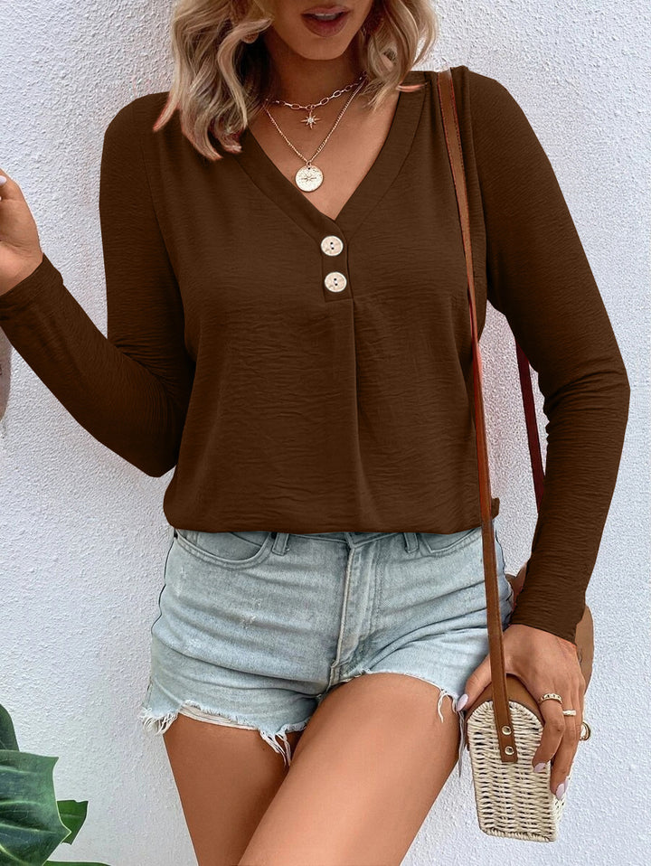 Women’s long sleeve T-shirt with a split V-neck and decorative buttons Lune London