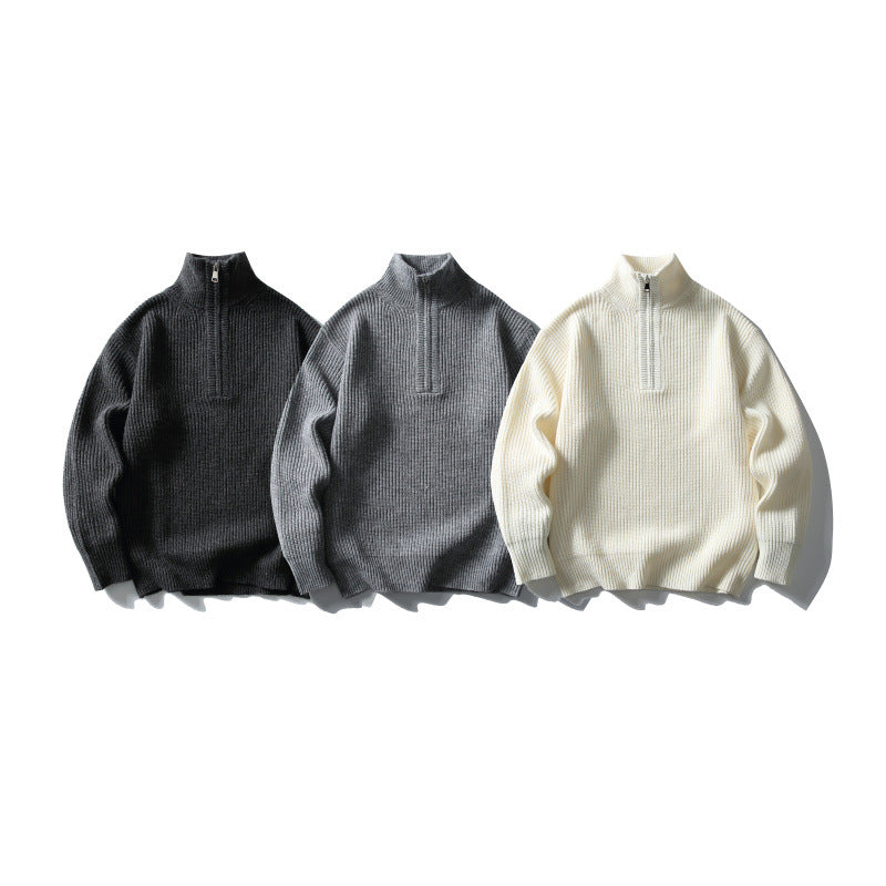 Unisex Structured Half-Zip Knit Sweater with High Stand-Up Collar and Ribbed Rib Knit Amarae