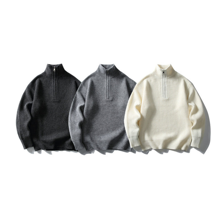 Unisex Structured Half-Zip Knit Sweater with High Stand-Up Collar and Ribbed Rib Knit Amarae