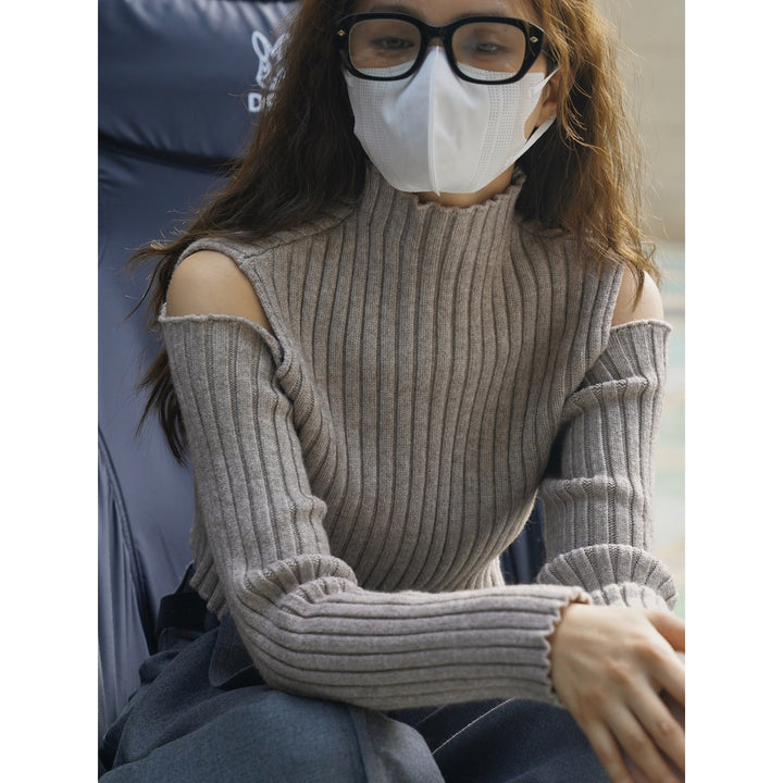 Women Shaping Ribbed Top with High Collar and Cut-Out Shoulder Amarae