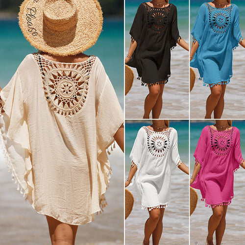 Women's beach tunic with artistic crochet design and fringed hems Amarae