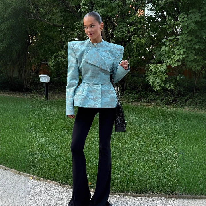 Ladies Tailored Jacquard Blazer with Defined Shoulders, Peplum and Asymmetrical Lapel Amarae