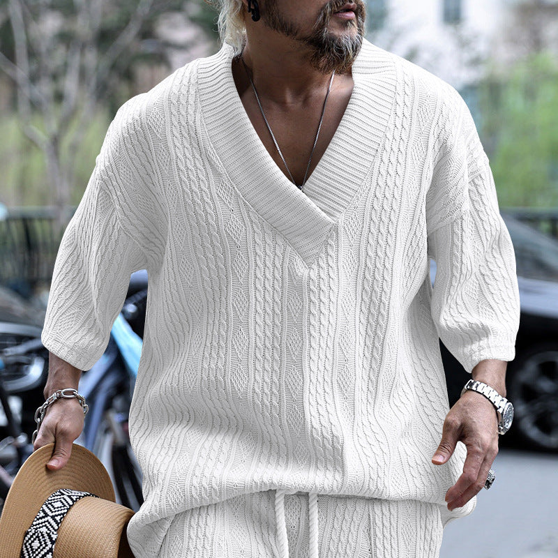 Thick knit sweater for men with deep V-neck Lune London