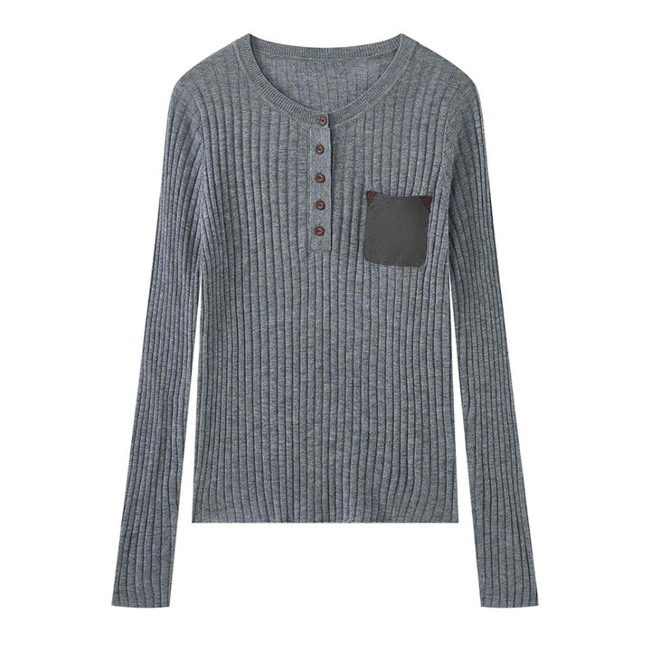Ladies Ribbed Fine Knit Henley Shirt with Chest Pocket Amarae