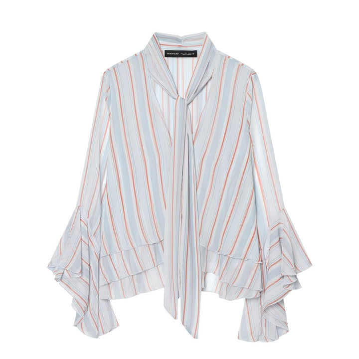 Women Striped Pullover Blouse with Tie and Ruffle Sleeves Amarae