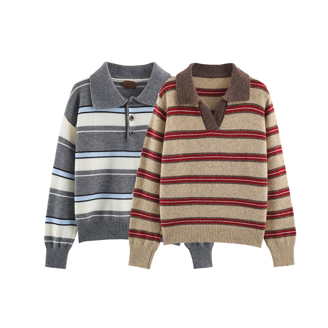Women Striped Oversize Sweater with Polo Collar and V-Neck Amarae
