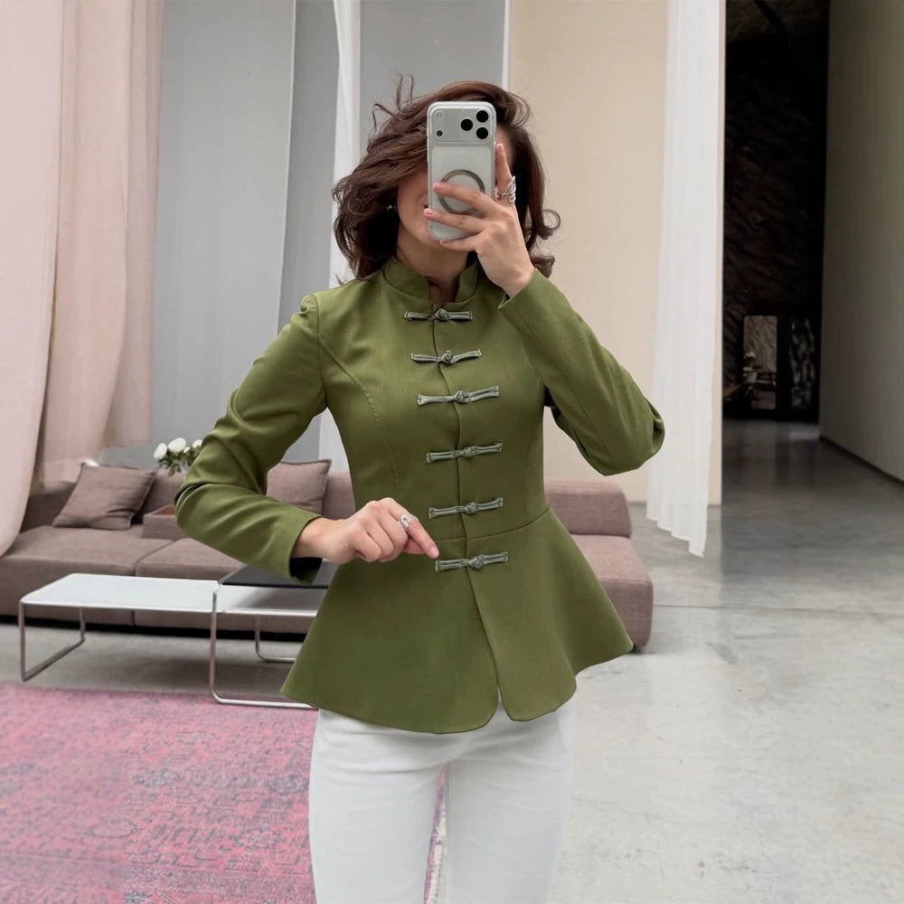 Women's Tailored Military-Inspired Jacket with Stand Collar, Drawstring Closures, and Peplum