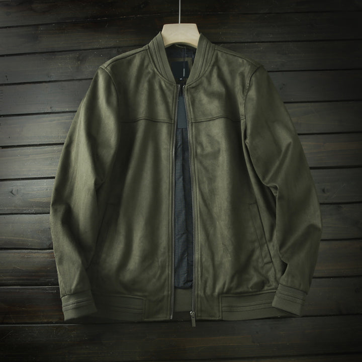 Men's leather bomber jacket with ribbed collar, concealed zipper, and side pockets Amarae