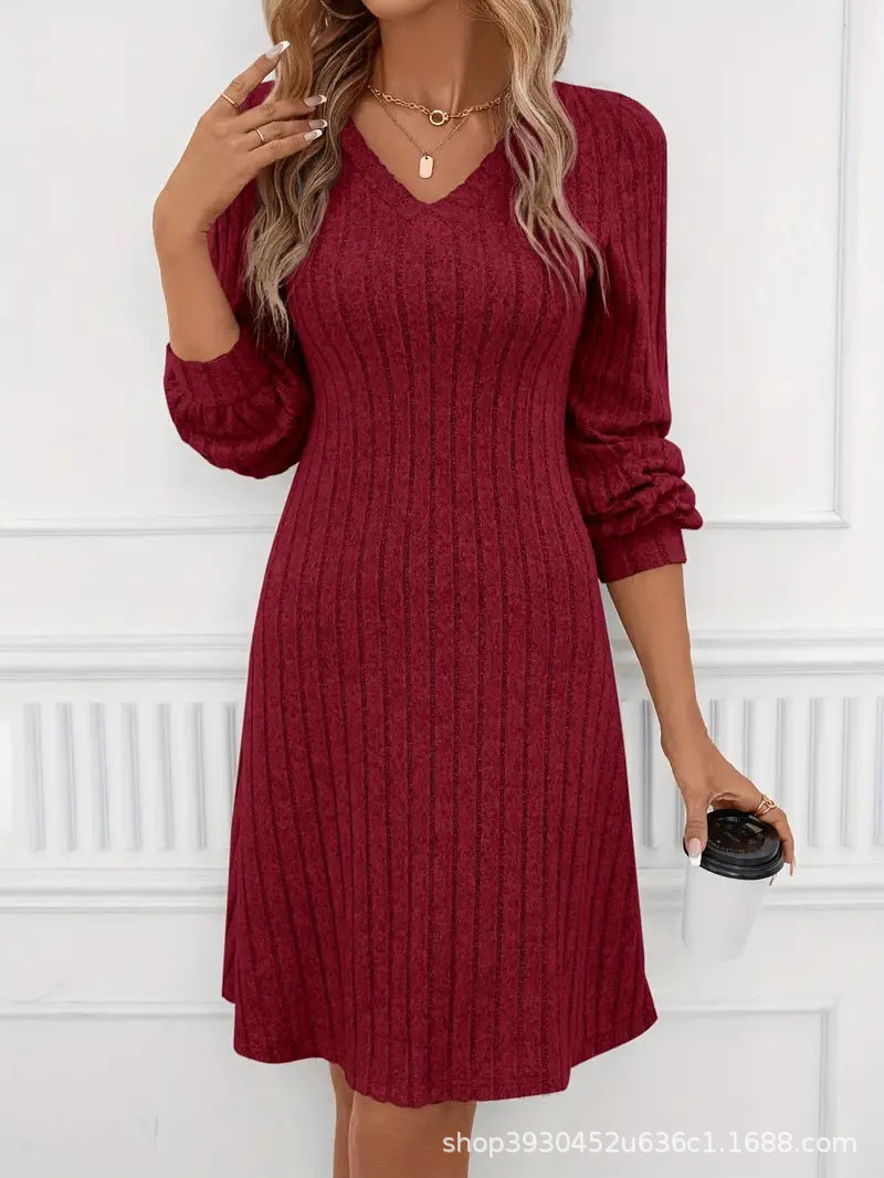 Knit dress women with V-neck and puff sleeves Lune London