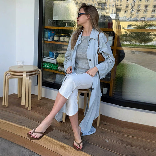 Women's Lightweight Long Trench Coat Made from Technical Material with Concealed Button Placket and Loose Fit Amarae