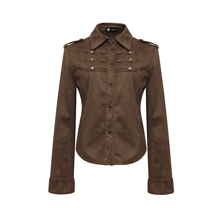 Ladies Military Velvet-Look Jacket with Epaulettes and Decorative Straps Amarae