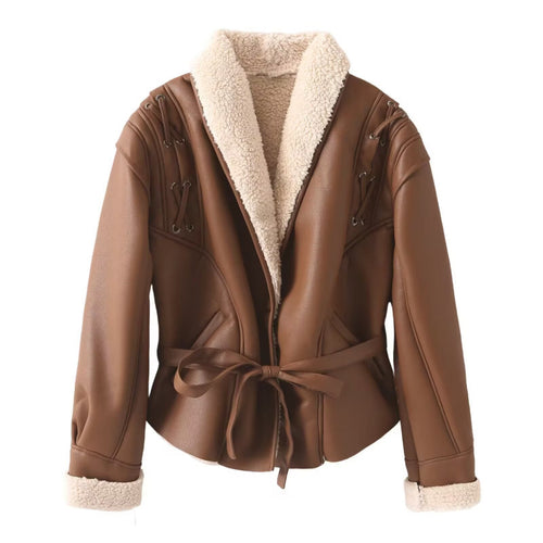 Faux leather jacket for women with warm shearling lining and elegant lacing details Amarae