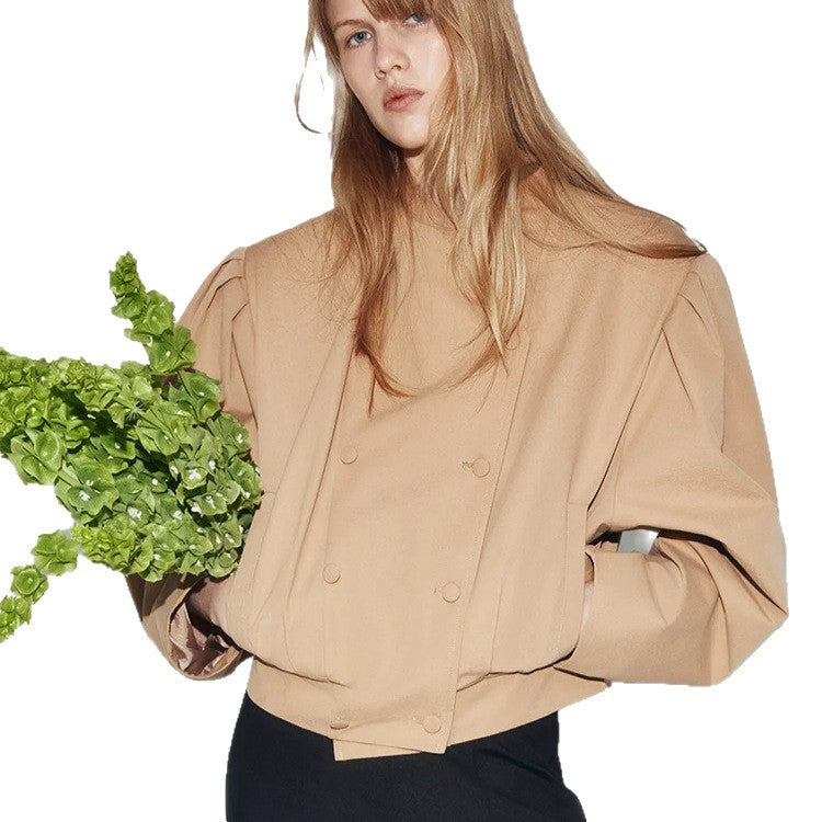 Women's short jacket in a boxy cropped cut with double button placket and structured shoulder pleats Amarae