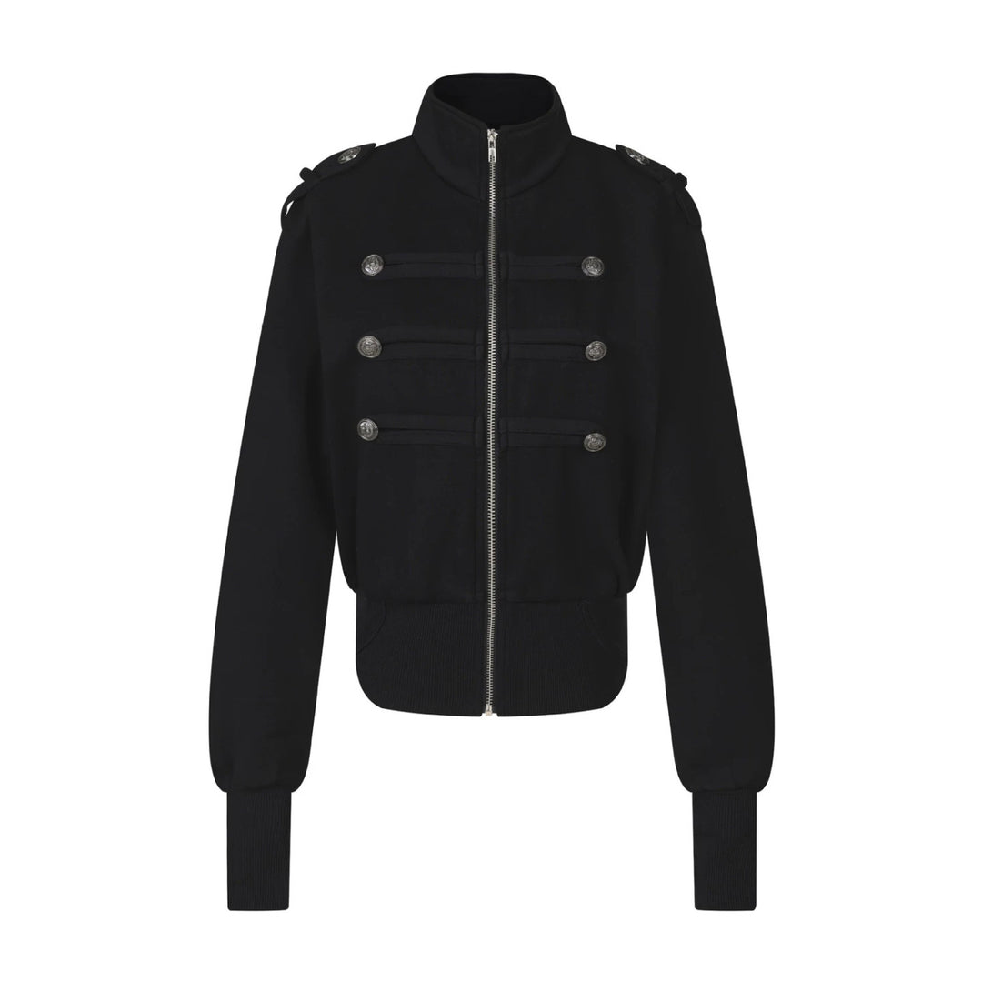 Women's Short Sweat Jacket in Military Style with Stand-Up Collar and Decorative Patches Amarae