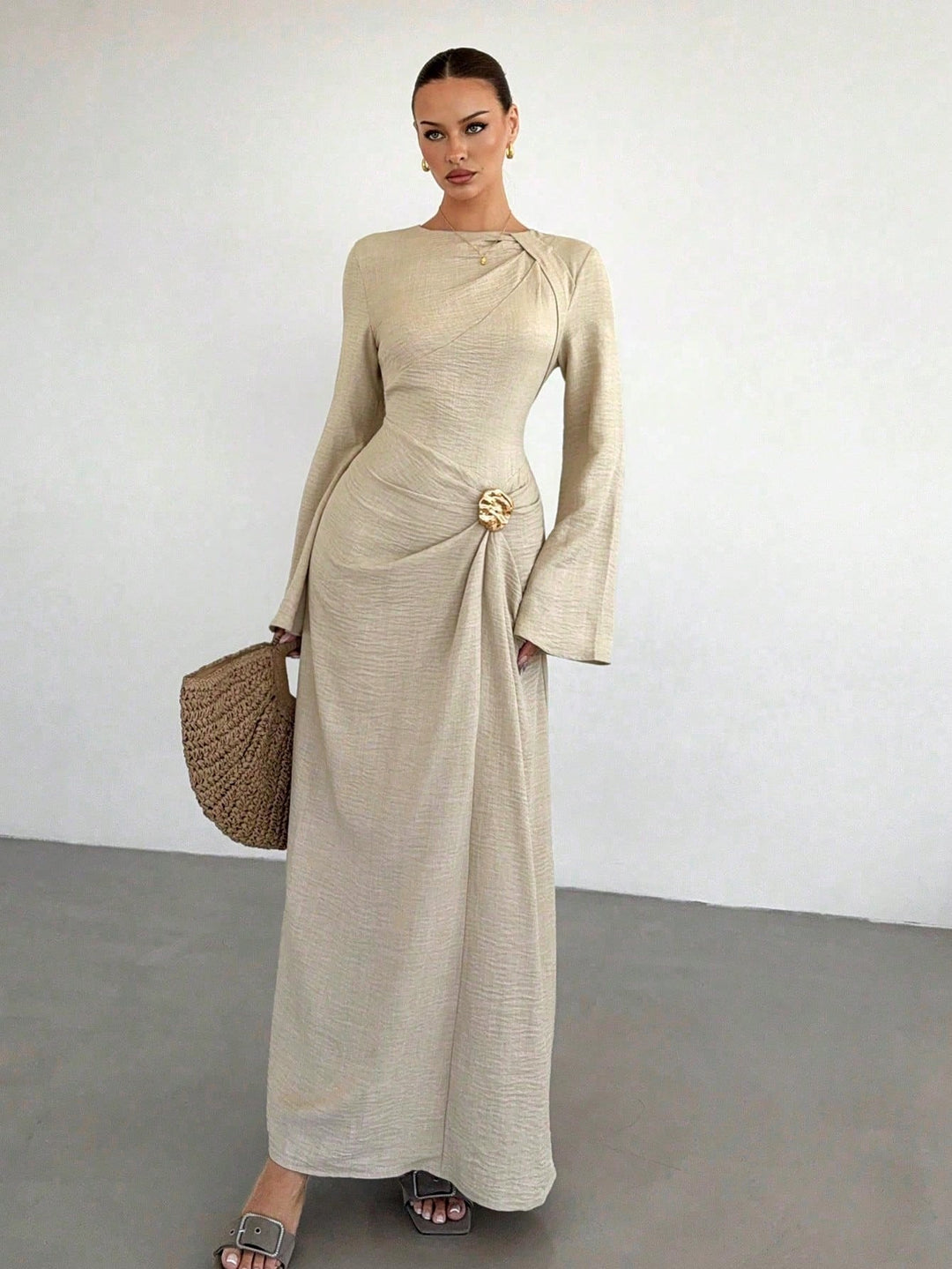 Ladies max dress with draping, decorative brooch and wide trumpet sleeves Amarae