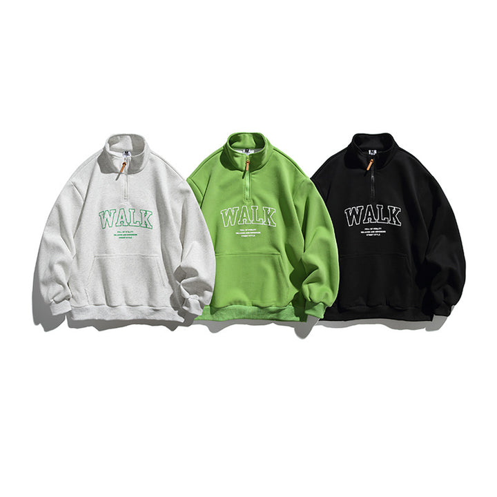 Unisex Oversize-Halfzip-Sweatshirt with Stand-up Collar, Kangaroo Pocket and Logo Print Amarae