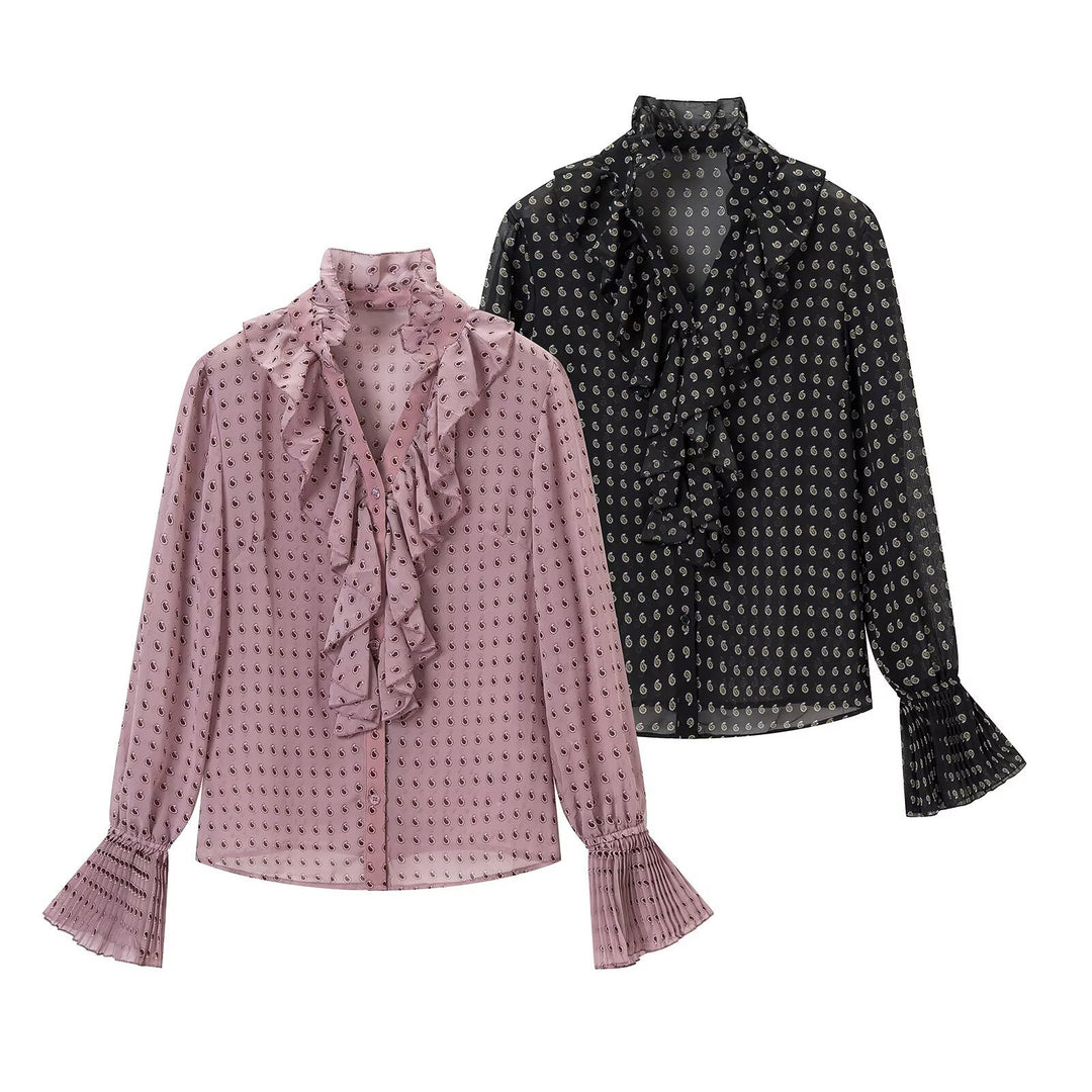Women's chiffon blouse with ruffled collar, tie scarf and pleated bell sleeves Amarae