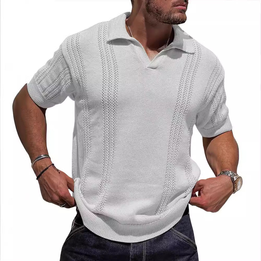 Knitted short sleeve pullover for men with textured surface and polo collar Lune London