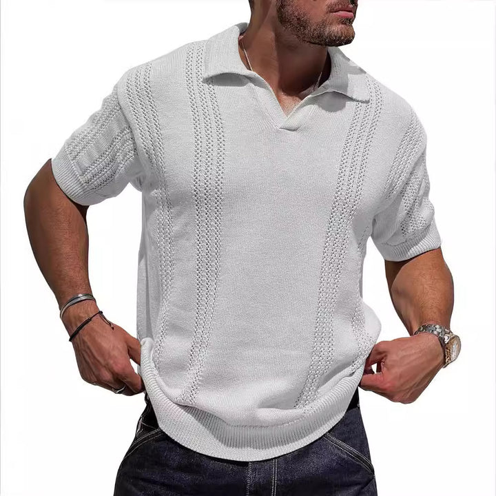 Knitted short sleeve pullover for men with textured surface and polo collar Lune London