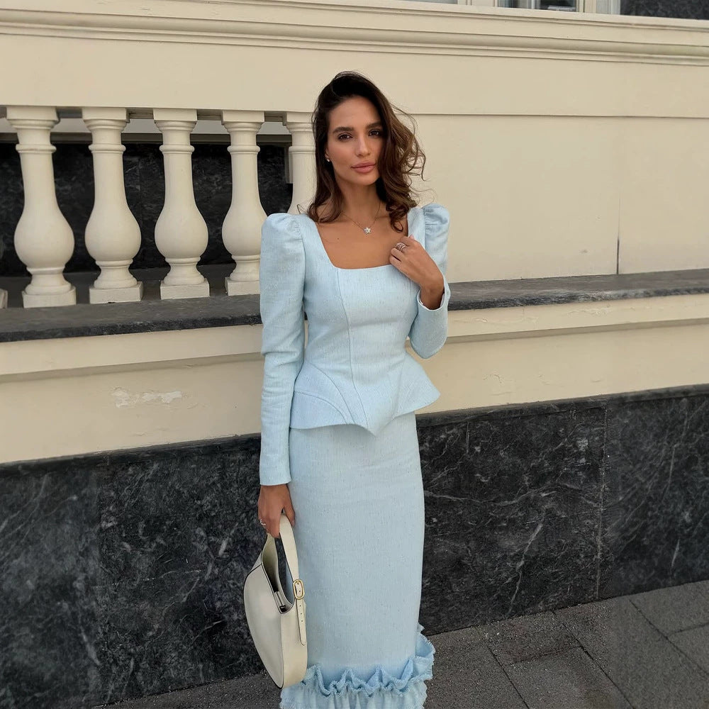 Ladies two-piece tailored ensemble with square neckline and flounce midi skirt Amarae