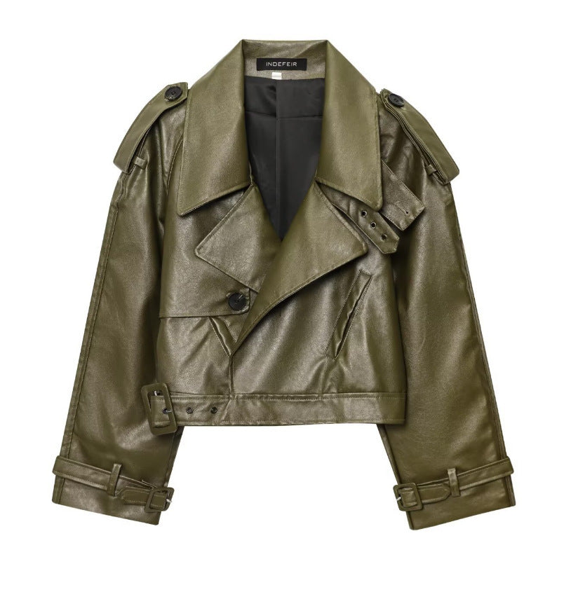 Faux leather biker jacket for women with a trendy cropped design, adjustable belt, and decorative buttons Lune London