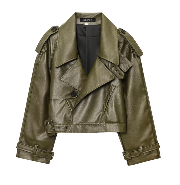 Faux leather biker jacket for women with a trendy cropped design, adjustable belt, and decorative buttons Lune London